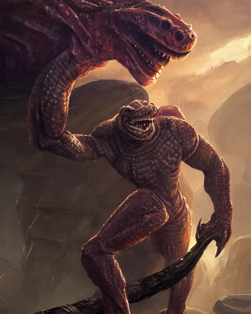 Prompt: oil painting of Krogan Lizardman, sharp focus, holding sci-fi rifle, magical aura, heroic pose, fantasy style, octane render, volumetric lighting, 8k high definition, by greg rutkowski, highly detailed, trending on art Station, magic the gathering artwork, Spaceship hallway background, centered, horror, sci-fi artwork, demonic