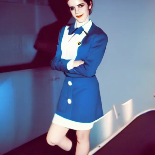 Image similar to emma watson, flight attendant 1 9 6 0 s, award winning, kodak ektachrome expired blue tint,