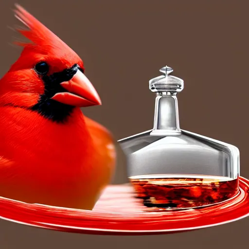 Prompt: a photorealistic photograph of a red Cardinal bird swimming inside of an Armagnac decanter at a polo lounge Trending on Artstation, featured on Behance, well-rendered, Unreal Engine, 4K HD