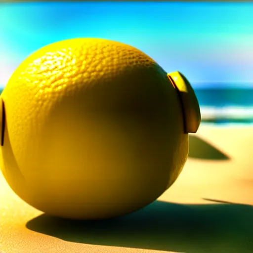 Image similar to anthromorphic robotic lemon relaxing in a beach, photorealistic 3 d octane render, unreal engine