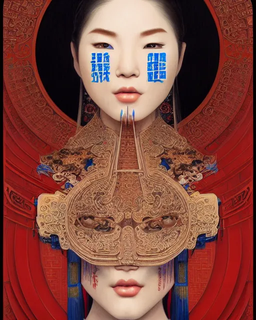 Image similar to portrait of a machine, machine face, upper half portrait, decorated with chinese opera motifs, asian, bian lian, traditional chinese art, intricate, elegant, highly detailed, symmetry, digital painting, artstation, concept art, smooth, sharp focus, illustration, art by artgerm and greg rutkowski and alphonse mucha, 8 k