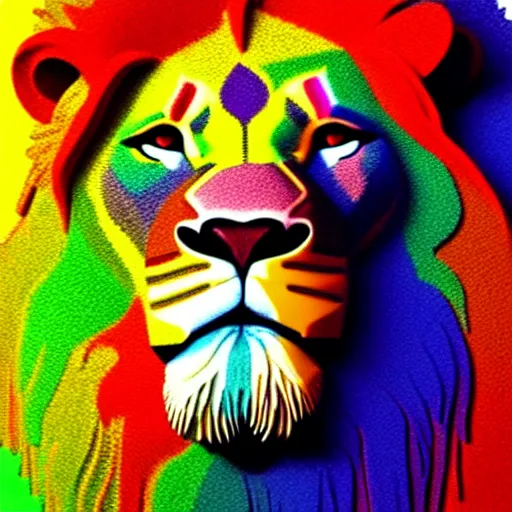 Image similar to lion made of rainbow sand, multicolor, colour in fringes, very colourful, volumetric light, cinematic, extremely detailed, cgi, trending on artstation, hyper realistic, hd wallpaper, sharp, michael whelan, ted nasmith