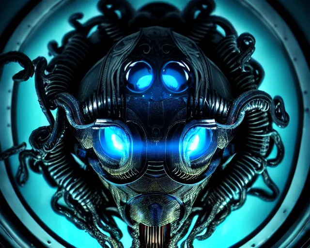 Prompt: 2 8 mm closeup portrait of a wet slimy dripping black metallic chrome mass effect robotic electronic neon cthulhu lovecraft octopus xenomorph alien sentinel drone with glowing eyes in science fiction spaceship fusion engine hallway, dramatic lighting, octane, blue lights, lens flare, industrial, dirty, trending on artstation, golden ratio, h. r. giger, mist, action, volumetric lighting