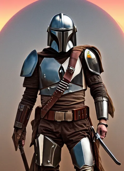 Image similar to Mandalorian as a medieval knight in intricate armor, ornate filigree armor, desert dunes, sunset clouds, sun glowing behind head, hypermaximalist, fantasy character concept, dynamic lighting, blurry, hyperrealism 8k