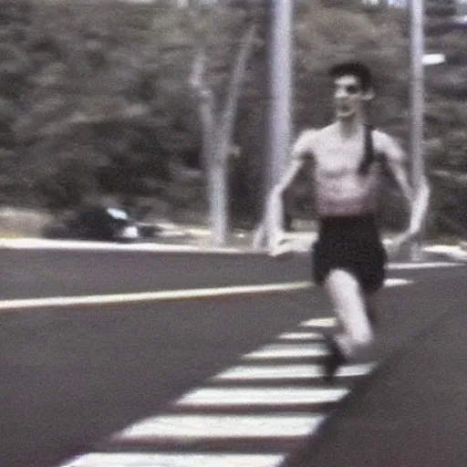 Prompt: Skinny tall creature chasing a cameraman, 1990 colored vhs footage, blurry, creepy
