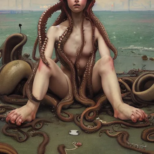 Image similar to a sad humanoid octopus girl with tentacles instead of limbs sitting on the floor, oil painting by Edgar Maxence and Ross Tran and Michael Whelan and greg rutkowski