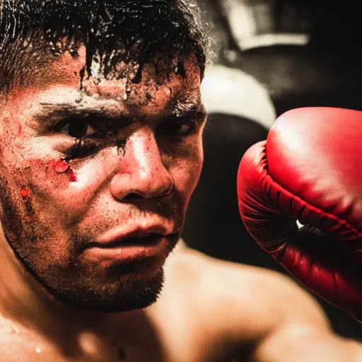 Image similar to close up portrait of boxer after boxing with brews blood sweating, photography photojournalism, very grainy image, 80mm lens, polaroid, very sharp