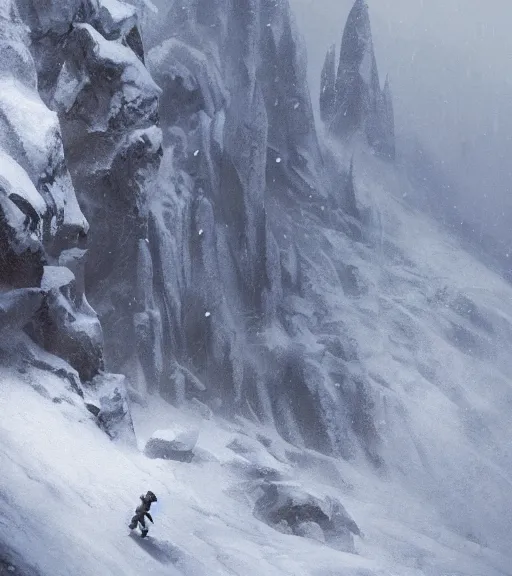 Prompt: a climber climbs a snowy mountain in a storm, close view, painting by craig mullins, octane rendering, soft morning lighting, wide angle lens, in the style of hayao miyazaki, trending on artstation,