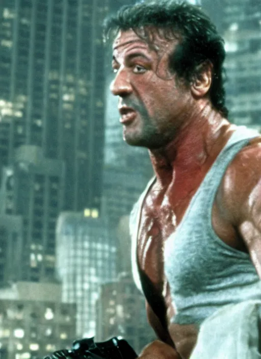 Image similar to film still of Sylvester Stallone as John McClane in Die Hard, 4k