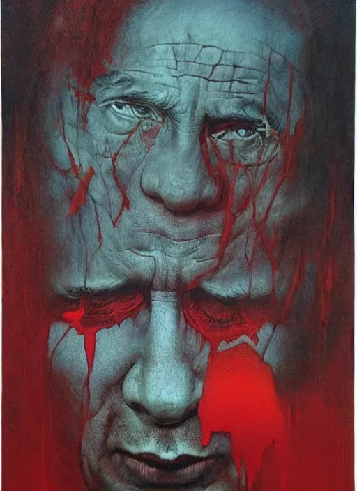 Image similar to Painting in a style of Beksinski featuring Vladimir Putin. Suffering and pain