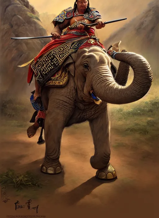 Image similar to portrait of a tai ethnic warlord rides an asian war elephant with emotional movement in the battlefield, historical, tai ethnic decoration, elegant, loin cloth, highly detailed, oil painting, artstation, concept art, matte, sharp focus, illustration, hearthstone, art by earl norem