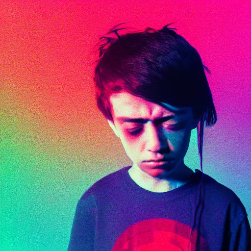 Image similar to portrait of sad kid. long shot. glitchcore, RGB shift