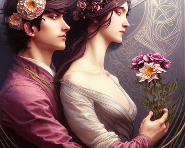 Prompt: Heterosexual couple in love, art nouveau, fantasy, intricate flower designs, elegant, highly detailed, sharp focus, art by Artgerm and Greg Rutkowski and WLOP