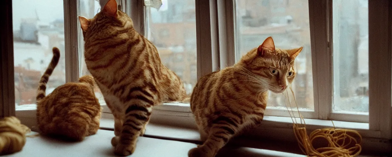 Image similar to only 1 cat playing with spaghetti on a windowsill, city apartment, small details, intricate, sharply focused, canon 5 0 mm, wes anderson film, kodachrome