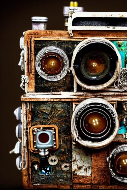 Image similar to A photo of a very old opened camera with film, vacuum tubes, capacitors and coils inside by Richard Kuiper and Steve McCurry, grungy, weathered Ultra detailed, hyper realistic, 4k