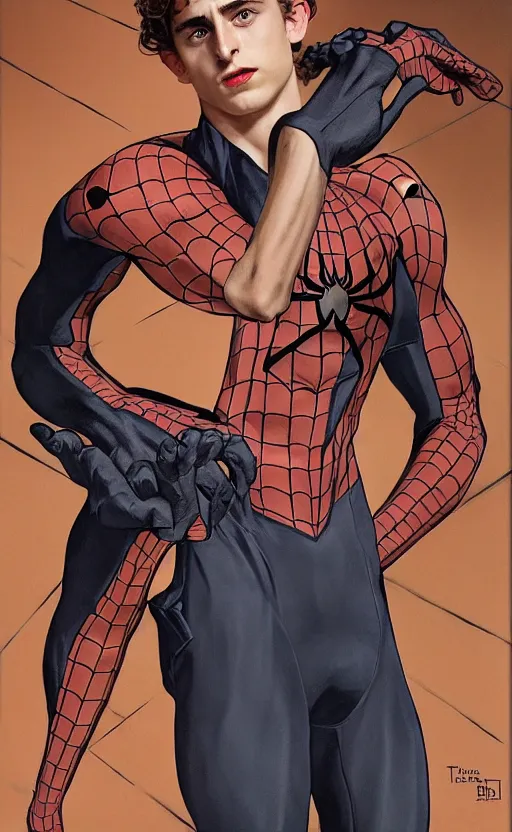 Prompt: Timothee Chalamet is Peter parker spiderman, +++ super super super dynamic posing, j.c. leyendecker, Valentina Remenar, thick eyebrows, super serious facial expression, upscaled