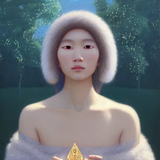 Image similar to a ultradetailed beautiful painting of a european inuit woman in the park by hsiao ron cheng, ngai victo, nivanh chanthara jean delville wlop and dougherty patrick, trending onv artstation, alaska, light sparkles, major arcana sky, sharp focus, soft light