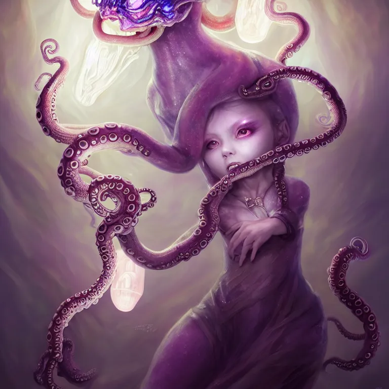 Image similar to A full shot of a cute magical monster Cryptid wearing a dress made of opals and tentacles. Chibi. Subsurface Scattering. Translucent Skin. Caustics. Prismatic light. defined facial features, symmetrical facial features. Opalescent surface. Soft Lighting. beautiful lighting. By Giger and Ruan Jia and Artgerm and WLOP and William-Adolphe Bouguereau and Loish and Lisa Frank. Sailor Moon. trending on artstation, featured on pixiv, award winning, sharp, details, intricate details, realistic, Hyper-detailed, HD, HDR, 4K, 8K.