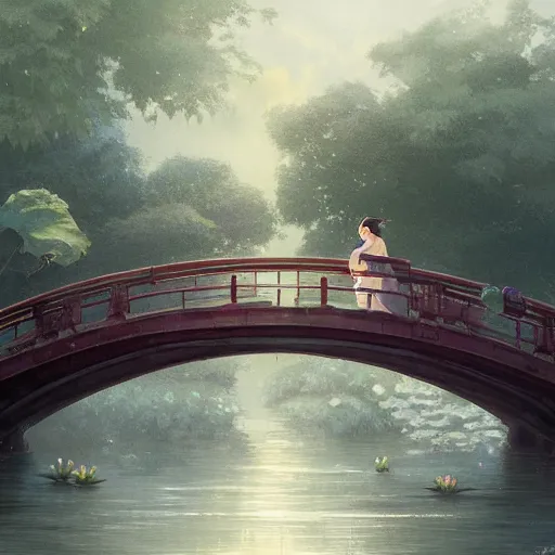 Prompt: a couple sitting on the bridge close to the river with a lot of water lily made by studio ghibli highly detailed, digital painting, artstation, concept art, smooth, sharp focus, illustration, art by artgerm and greg rutkowski and alphonse mucha