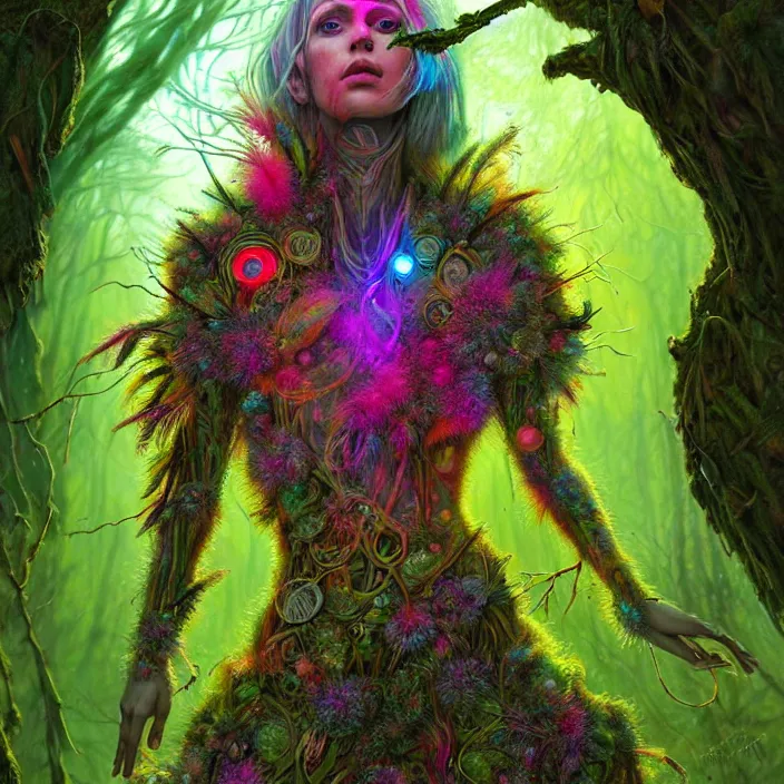 Prompt: bright psychedelic portrait of organic cyborg covered in moss and feathers in an ancient forest, diffuse lighting, fantasy, intricate, elegant, highly detailed, lifelike, photorealistic, digital painting, artstation, illustration, concept art, smooth, sharp focus, art by John Collier and Albert Aublet and Krenz Cushart and Artem Demura and Alphonse Mucha