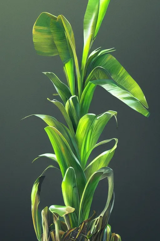 Image similar to ultra realistic illustration, banana plant drawing isolated and closeup, neon lights, elegant, highly detailed, digital painting, concept art, smooth, sharp focus, illustration, art by greg rutkowski and alphonse mucha