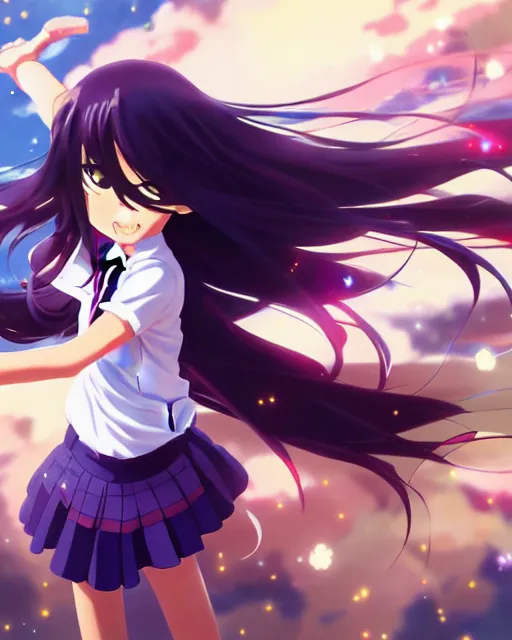 Image similar to anime style, vivid, expressive, full body, 4 k, painting, a cute magical girl with a long wavy black hair wearing a school uniform, defending from asteroid, stunning, realistic light and shadow effects, centered, simple background, studio ghibly makoto shinkai yuji yamaguchi