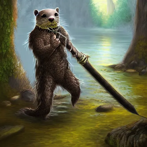 Image similar to furry otter warrior, fantasy art, lightweight armour, near the river, waterfall, digital art, high quality