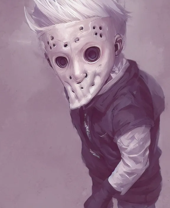 Image similar to cute little boy with white hair anime character inspired by jason voorhees, art by rossdraws, wlop, ilya kuvshinov, artgem lau, sakimichan, jakub rebelka and makoto shinkai, anatomically correct, extremely coherent, highly detailed, sharp focus, slasher movies, smooth, very realistic, symmetrical