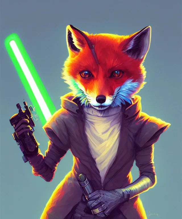 Image similar to a portrait of an anthropomorphic cyberpunk fox holding a lightsaber, fantasy, elegant, digital painting, artstation, concept art, matte, sharp focus, illustration, art by josan gonzalez