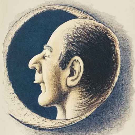 Prompt: dan morris celestial smiling talking moon portrait, side view, surrounded by clouds, illustrated by peggy fortnum and beatrix potter and sir john tenniel