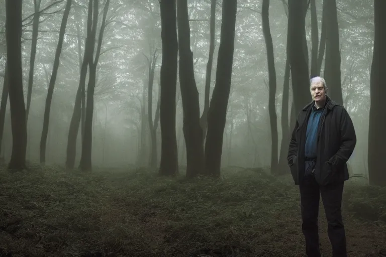 Image similar to a cinematic headshot portrait of a male scientist, in a spooky forest, fog, portrait, portrait, portrait, shrubbery, 8 k, detailed, backlight, deep focus, movie still, moody lighting, by werner herzog