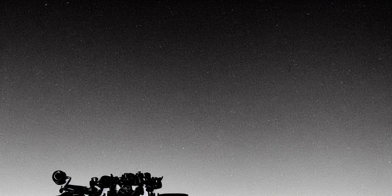 Prompt: closeup black and white photo from the surface of the moon, cinematic film still, glowing landing lights on spaceship, stars and space in the background, interstellar, christoper nolan, sharp focus, high contrast, glow, wide angle view, 4 k