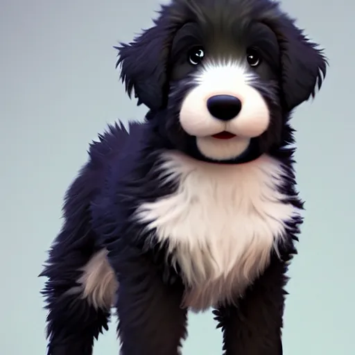 Image similar to a wholesome animation key shot of a black bernedoodle puppy, pixar and disney animation, sharp, rendered in unreal engine 5, anime key art by greg rutkowski, bloom, dramatic lighting