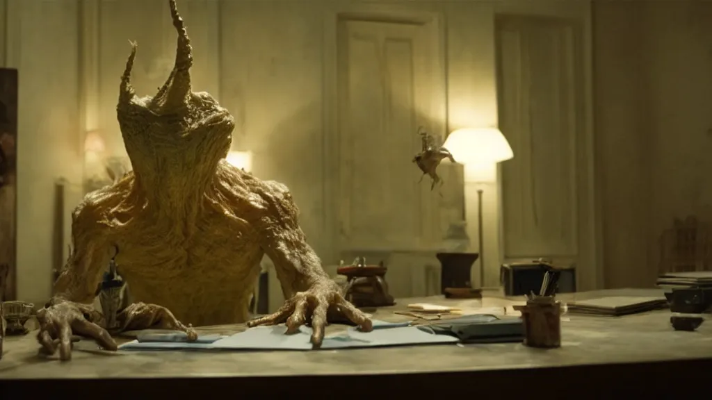 Image similar to the creature likes helps us with taxes, made of wax and water, film still from the movie directed by Denis Villeneuve with art direction by Salvador Dalí, wide lens