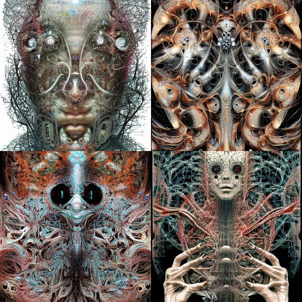 Prompt: psycho fractal automaton by android jones, earnst haeckel, james jean