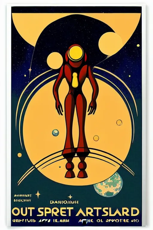 Image similar to art nouveau travel poster. outer space alien planet