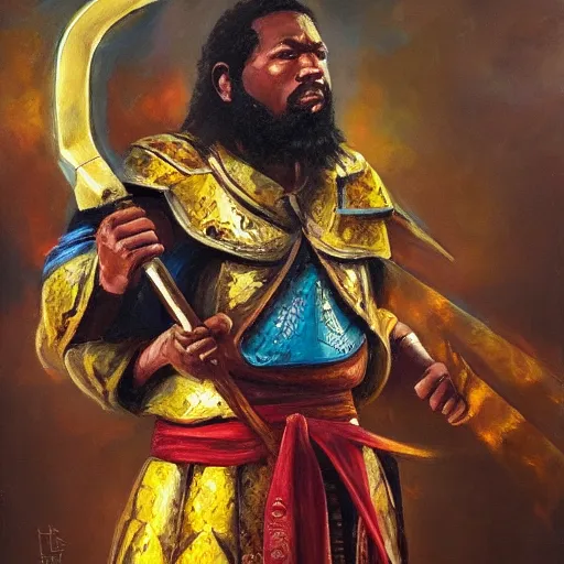 Prompt: Hejabon the Justicar wielding a magnificent hammer of gold and ebony, d&d, oil painting, magnificent, holy warrior, powerful, colorful, bright