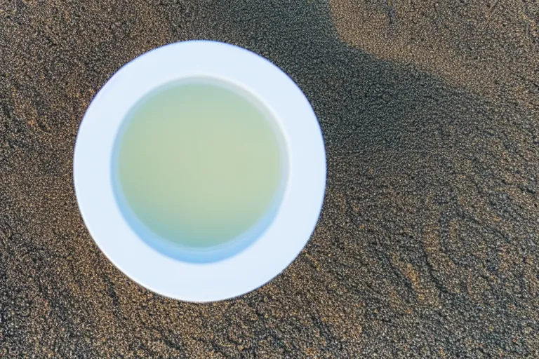 Prompt: minimalist birds eye view of wine glass on a zen minimalist white table on the sandy beach with sea foam waves