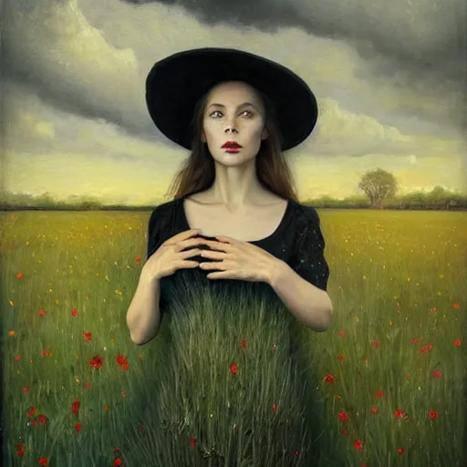 Image similar to a girl standing in a field, wearing black old dress and hat, by andrea kowch, andrea kowch style painting, dark, scene, magicrealism, flowers in background,