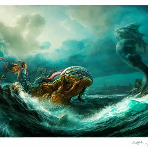 Prompt: warrior sea goddess full frame battling leviathan, beautiful composition, wide angle, colorful, cinematic, volumetric lighting, intricate details painting