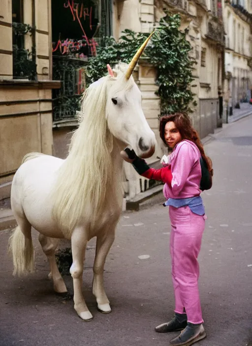 Image similar to a unicorn in paris with a cabbage and a cat out flying out of its horn, canon 5 d 5 0 mm lens kodachrome