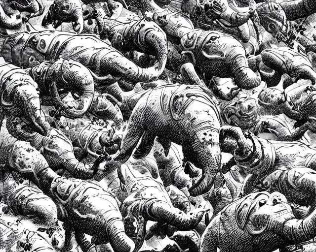 Image similar to A swarm of flying alien hippos drawn by Kentaro Miura, extremely high detail, manga, ink