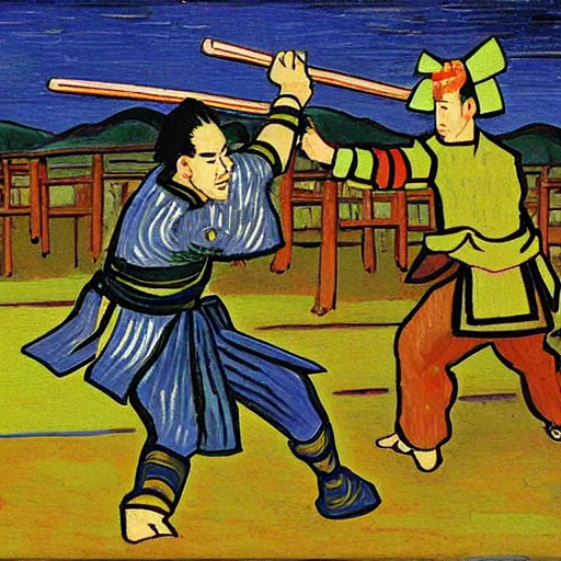 Image similar to samurai fights robots by van gogh