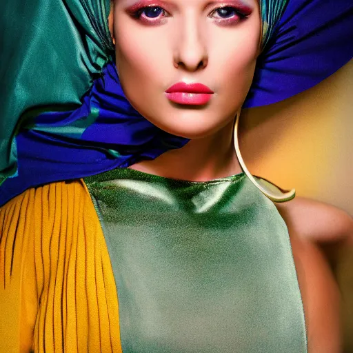 Image similar to photorealistic photoshoot puerto rican fashion designer clothe in tetradic color scheme, vermeer lighting