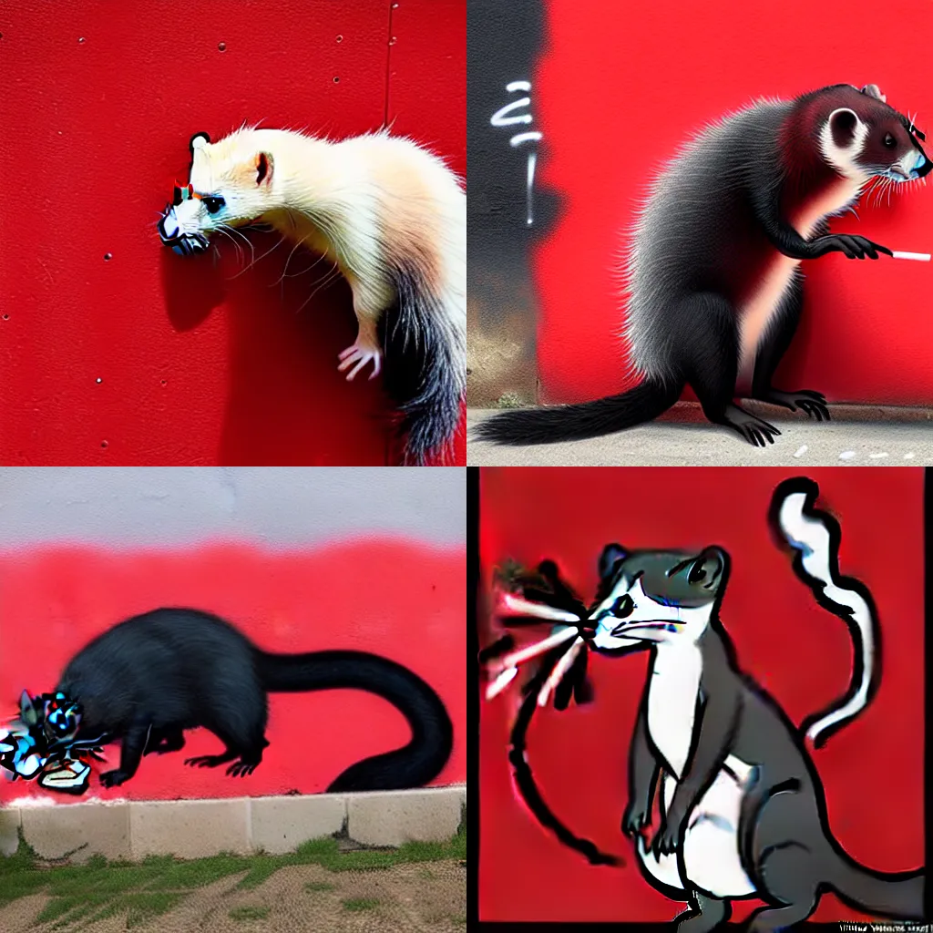 Prompt: [ ( ( red ) ( black ) ( furry ) ( fursona ) ( weasel * ferret * stoat ) ) ] > [ ( smoke * backing ) ] > graffiti > wall