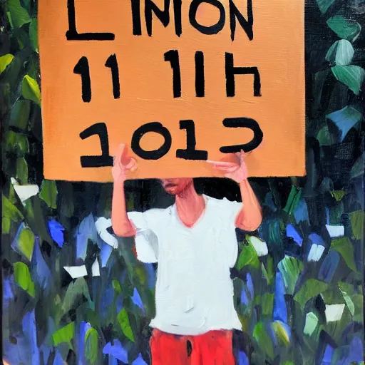 Image similar to a person holding a sign that says 1 + 1 = 3, oil painting, intricate