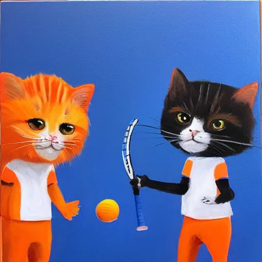 Image similar to Twee katten spelen tafeltennis voor oranje achtergrond, oil painting
