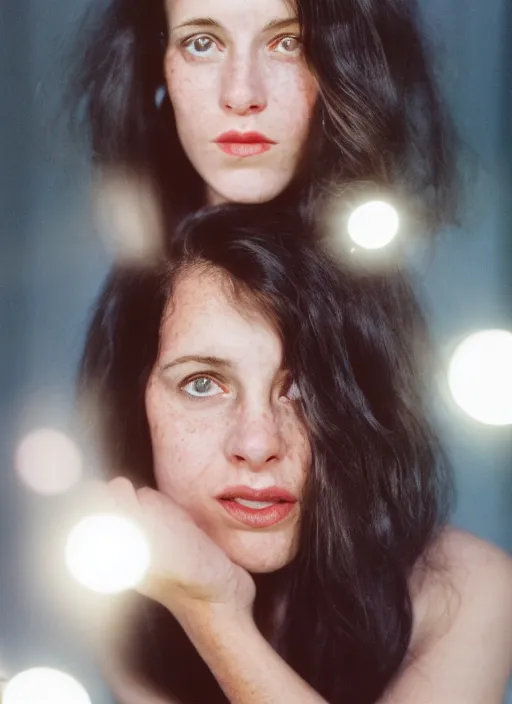 Prompt: a hyper realistic and detailed head portrait photography of American woman dark hair by Annie Leibovitz. Cinematic. torch lights and glow in the background. Cinestill 800T film. Lens flare. Helios 44m