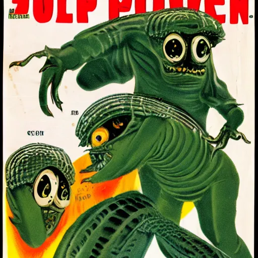 Prompt: cover of pulp science fiction magazine from 1950s showing attack of bug eyed monsters