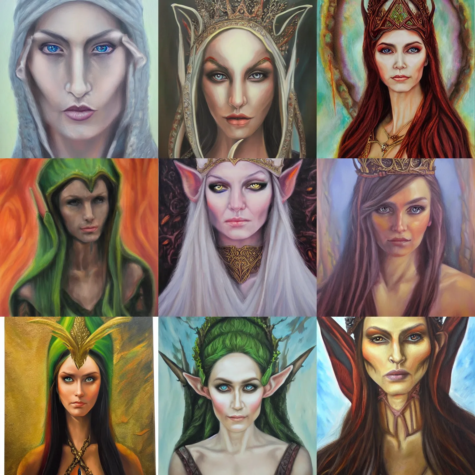 Prompt: elven queen, realistic, oil on canvas, no frame